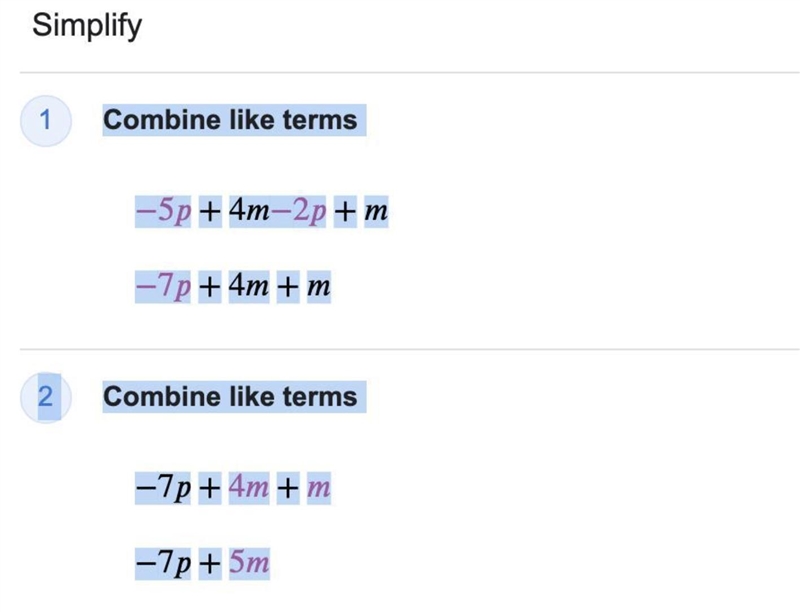 Simplify by combining like terms. − 5 p + 4 m − 2 p + m-example-1