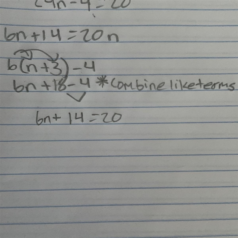 Are 6(n + 3) - 4 and 6n + 14 equivalent expressions?​-example-1