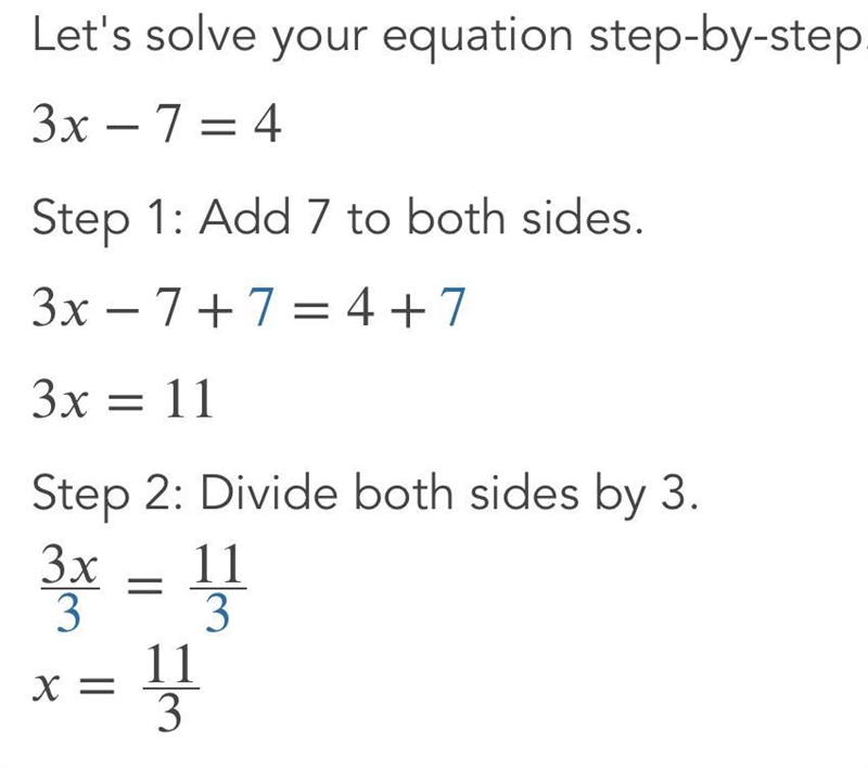 Find an ordered pair (x,y,) that is a solution to the equation. 3x - 7 = 4-example-1