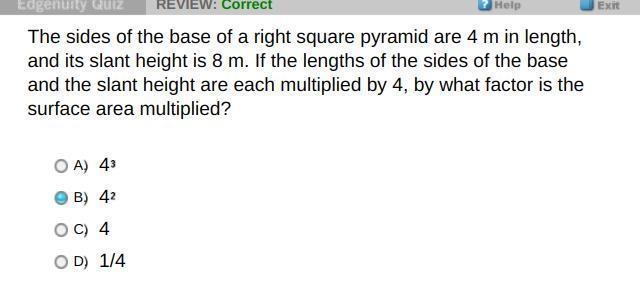 The sides of the base of a right square pyramid are 4 m in length, and its slant height-example-1