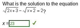 What is the solution to the equation sqrt 2x+3- sqrt x+2=2-example-1