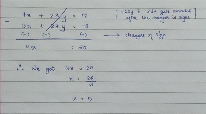 Use elimination to solve the system of equations given by 7x + 23y = 12 and 3x + 23y-example-1