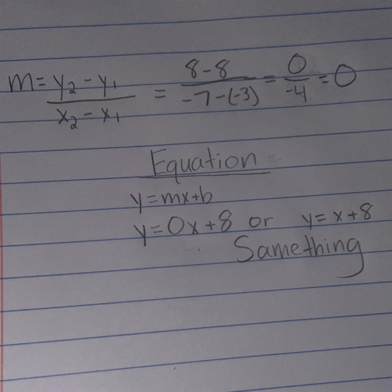 What is an equation of the line that passes through the points (-3, 8) and (-7, 8)-example-1