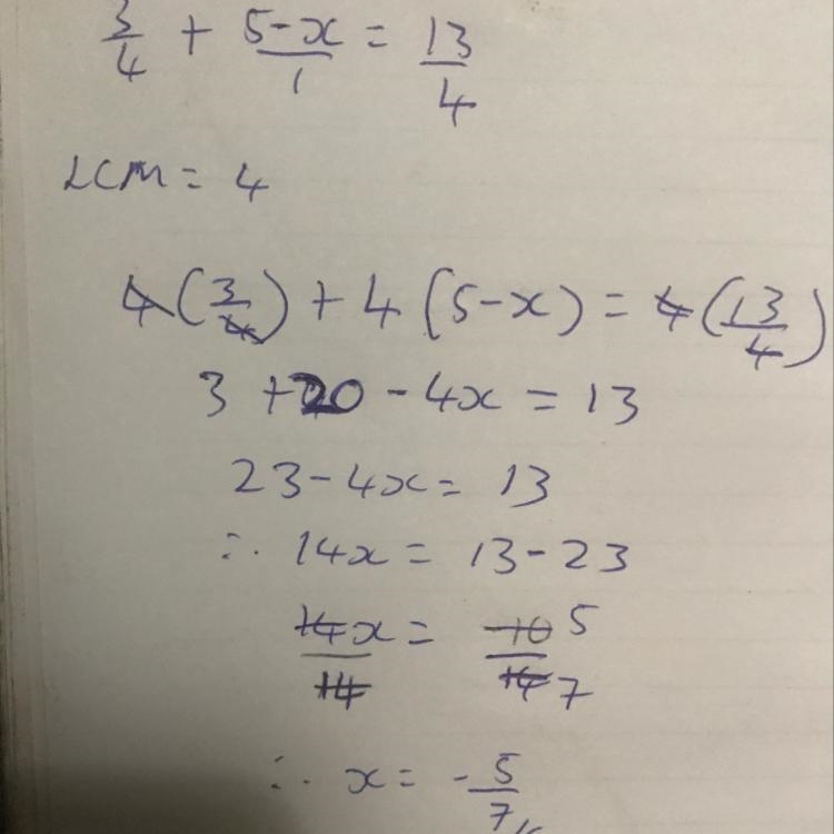 Solve for x in this equation: 3/4+|5-x|=13/4-example-1