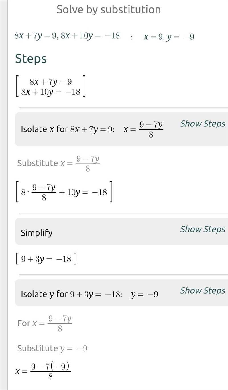 Solve using elimination. 8x + 7y = 9 8x + 10y = –18 please help i am in desperate-example-1