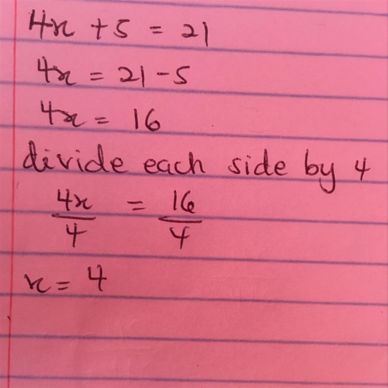 The sum of four times a number and five is twenty-one. Find the number-example-1