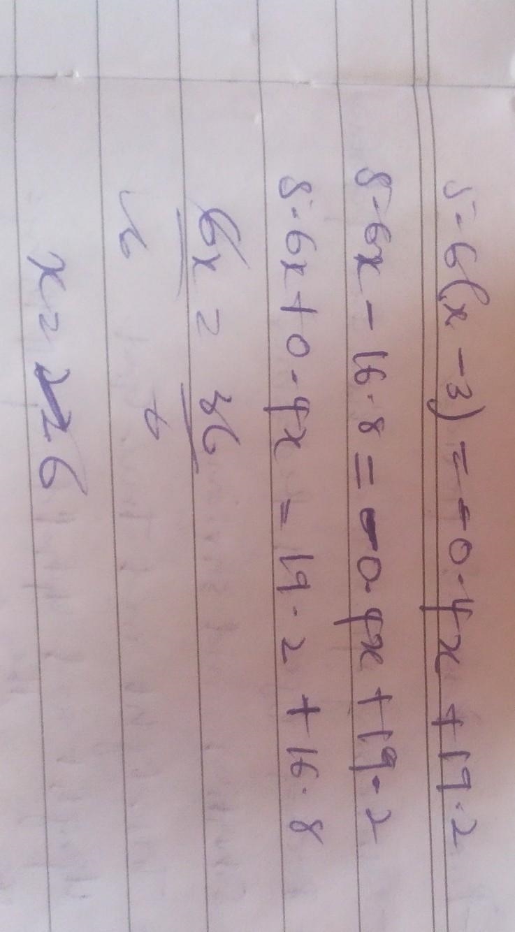 5.6(x - 3) = -0.4x + 19.2-example-1