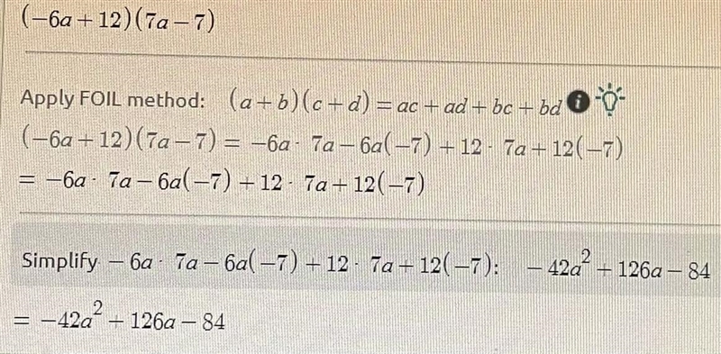 Find: (-6a+12)(7a-7)-example-1