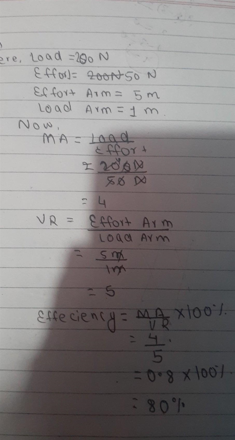 An effort of 50 N is applied to lift a load of 200 N by using a lever. If effort is-example-1