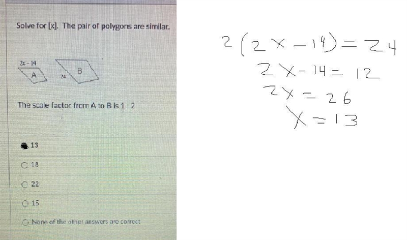 Solve for [x]. The pair of polygons are similar. The scale factor from A to B is 1:2-example-1