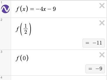 Find the RANGE for the function f(x) = -4x - 9 if D = {1/2 ,0}-example-1