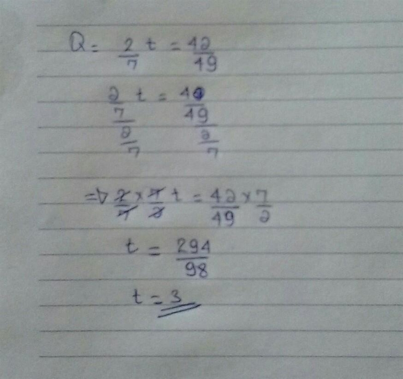 Find the value of t that makes these two ratios proportional 2t/7= 42/49-example-1