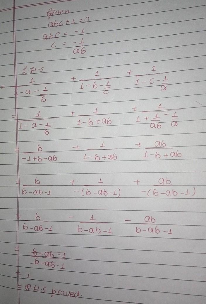 If abc+1=0, prove that: (1/1−a−b^-1)+(1/1−b−c^-1)+(1/1−c−a^−1​)=1​-example-1