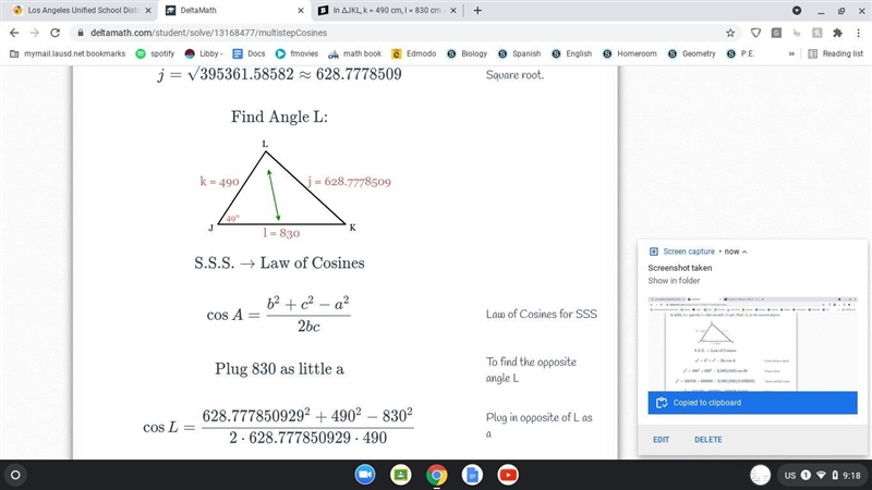 In ΔJKL, k = 490 cm, l = 830 cm and ∠J=49°. Find ∠L, to the nearest degree.-example-1