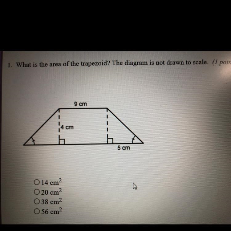 What is the area of the trapezoid? The diagram is not drawn to scale. 9 cm 4 cm 5 cm-example-1