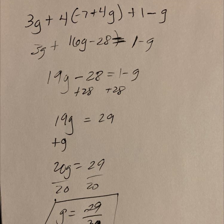 3g + 4 (-7 + 4g) + 1 -g (find g)-example-1