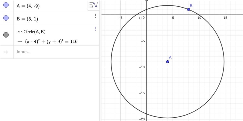 Write the equation of the circle containing the point (8, 1) and a center at (4, –9).-example-1