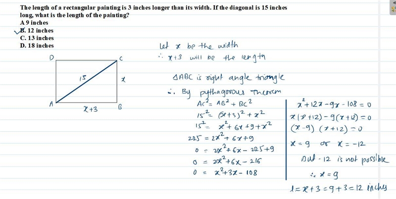 The length of a rectangular painting is 3 inches longer than its width. If the diagonal-example-1