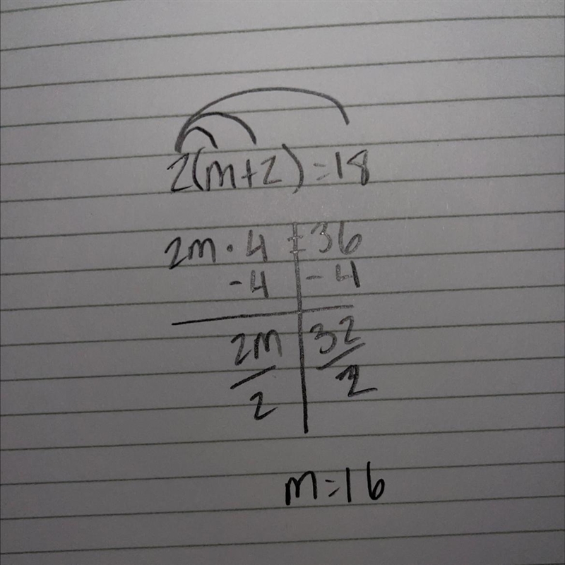 Use the distributive property 2(m+2)=18-example-1