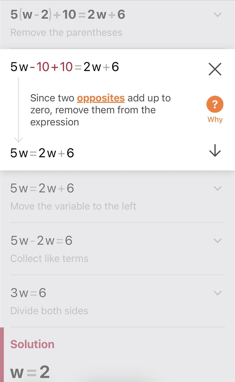 Solve the equation for w 5(w-2)+10=2w+6​-example-1