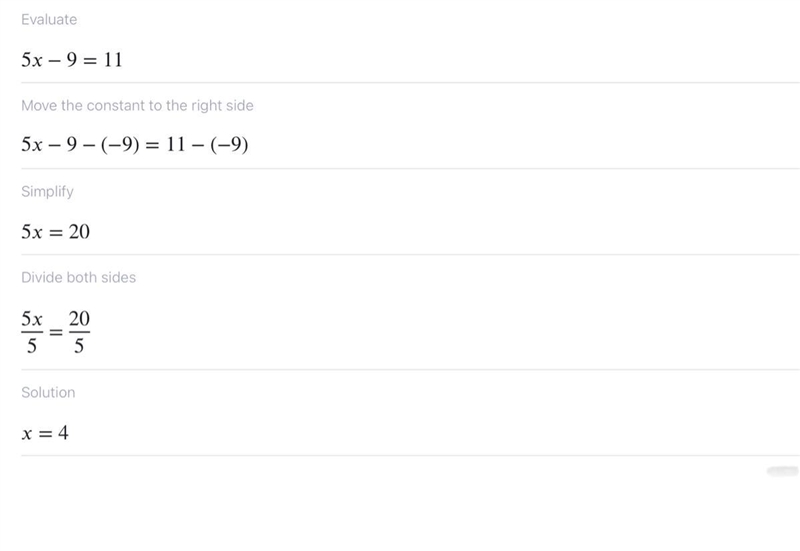 What are the answer and processes? 5x-9=11-example-1