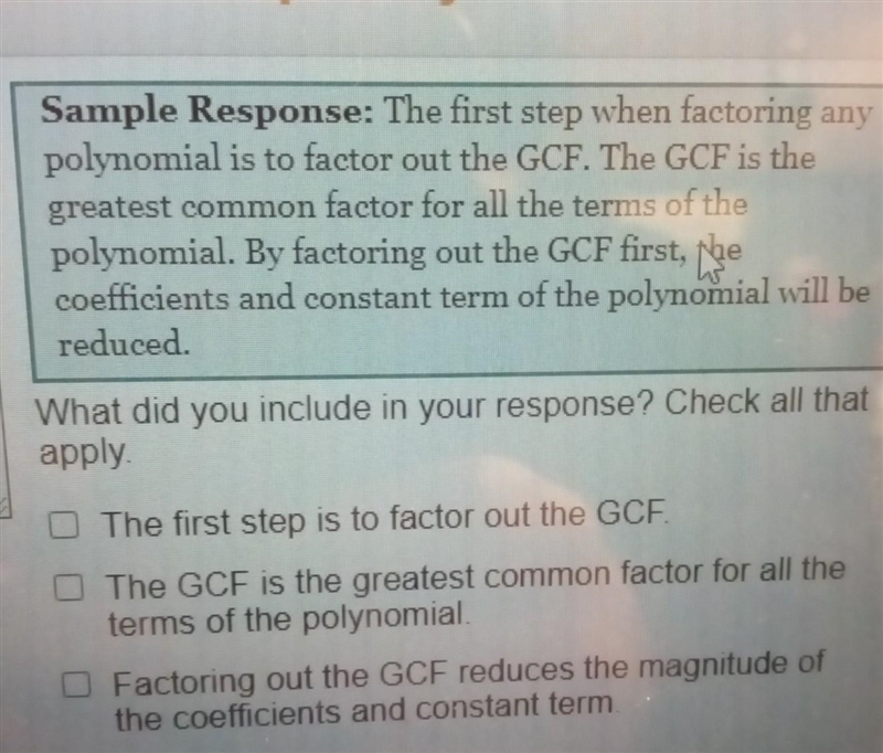 Describe the first step when factoring any polynomial. Why is this the first step-example-1