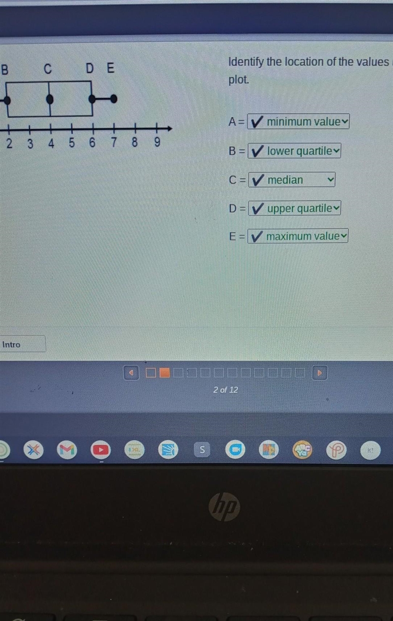 A B с DE Identify the location of the values used to create a box plot.HELPPP HURRYYYYY-example-1