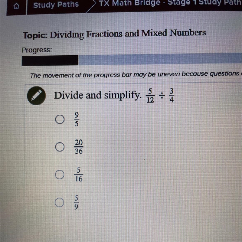 Divide and simplify. 5/12 & 3/4,-example-1