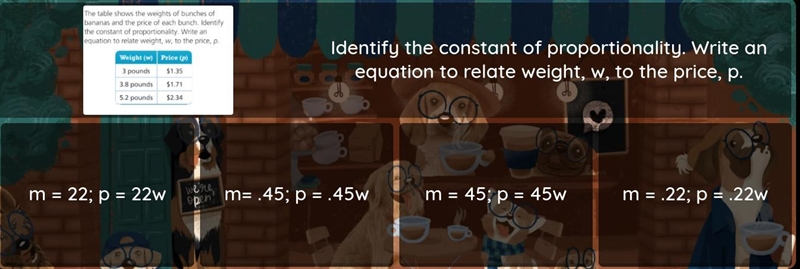 Identify the constant of Proportionality Write an equation to relate weight, w, to-example-1