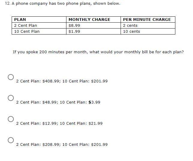 If you spoke 200 minutes per month, what would your monthly bill be for each plan-example-1