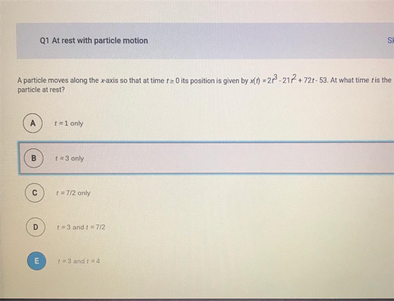 [Calculus] particle at rest question. Show steps, please!-example-1