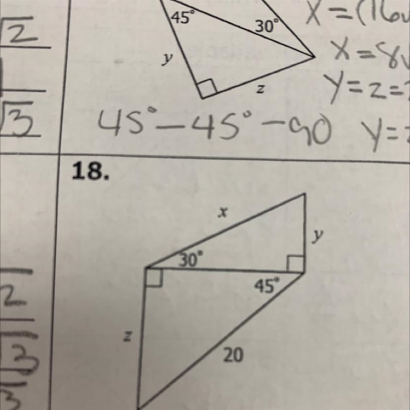 X у 30° 45° Z 20 find x y and z-example-1