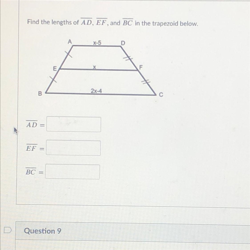 Find the lengths of AD, EF, and BC in the trapezoid below.-example-1