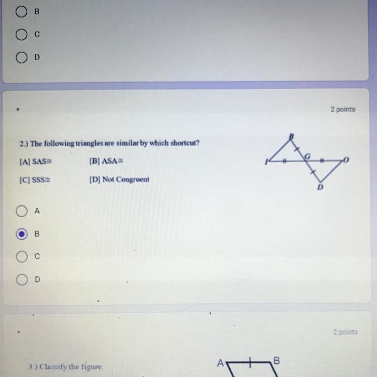 The following triangles are similar by which short cut? A. SAS B. ASA C. SSS D. not-example-1