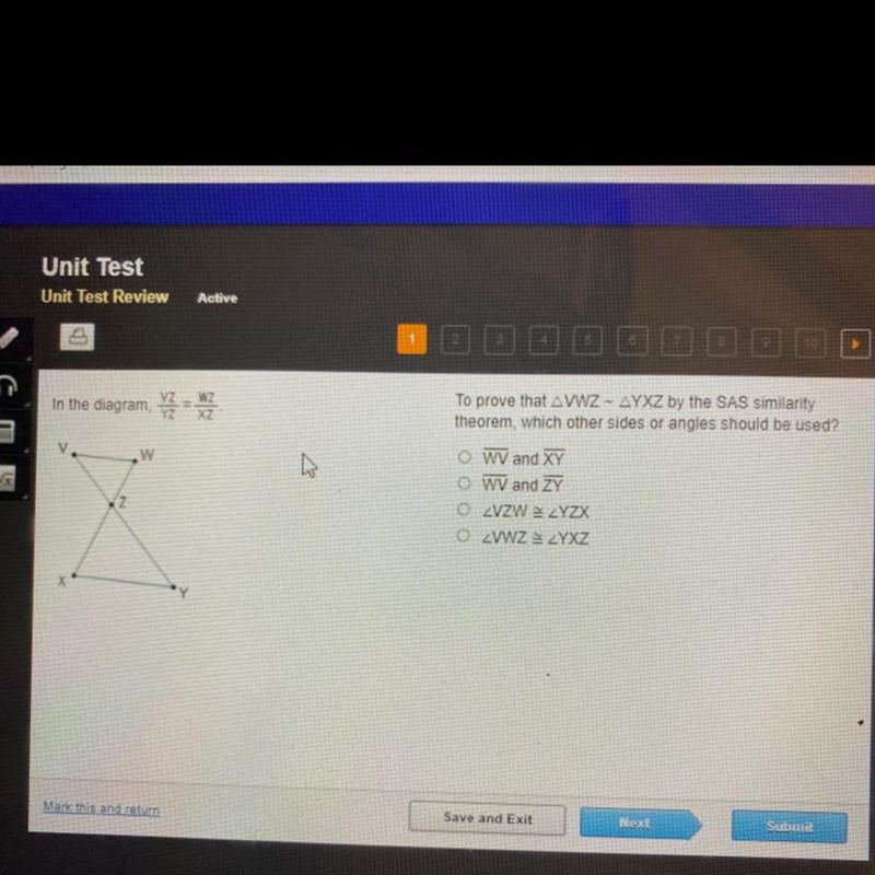 To prove that AVWZ - AYXZ by the SAS similarity theorem, which other sides or angles-example-1