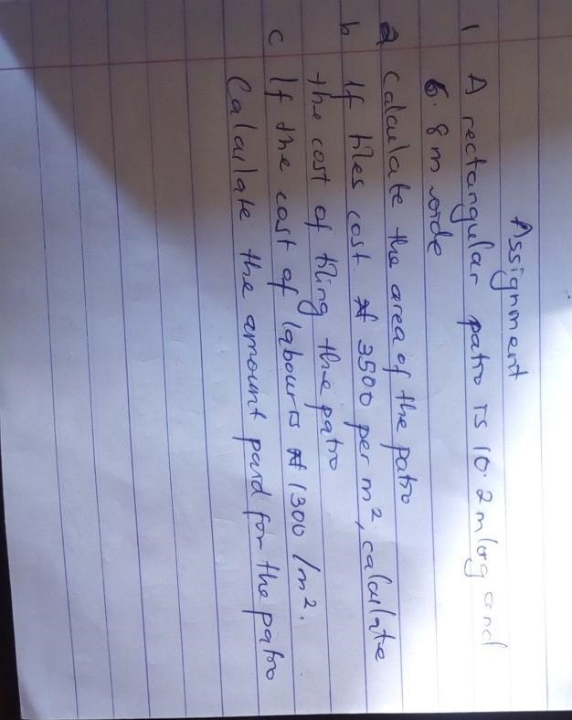 R Assignment and A rectangular patio is 10.2 mlong 6.8 m wide a calculate the area-example-1