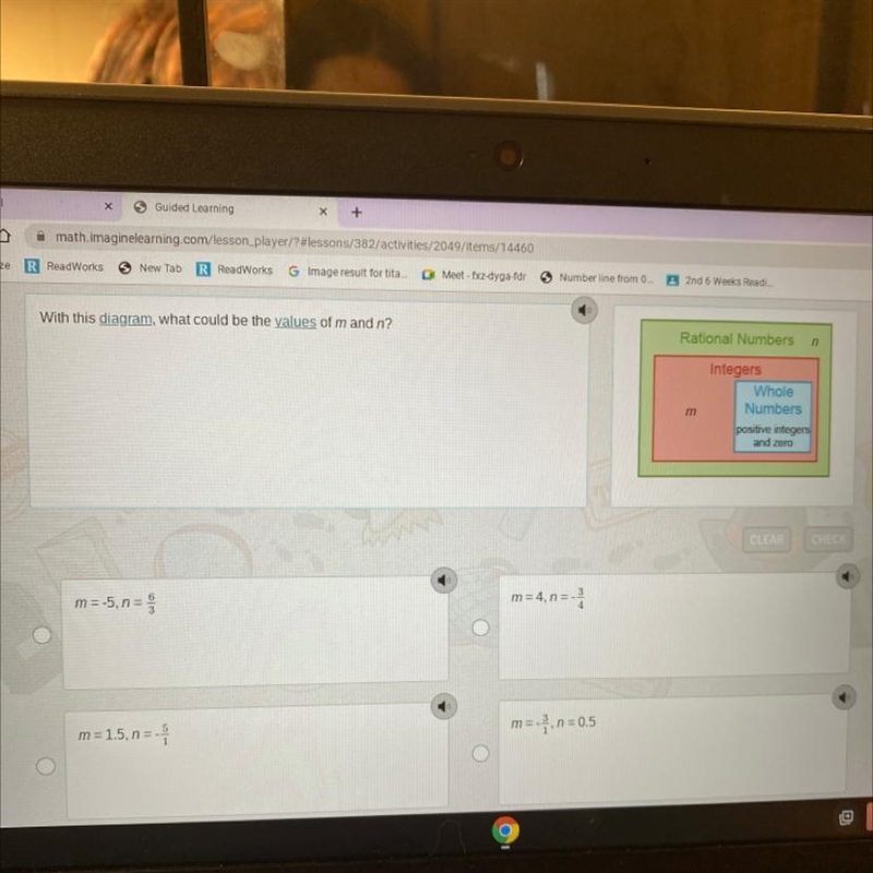 With this diagram, what could be the values of m and n? Rational Numbers n Integers-example-1