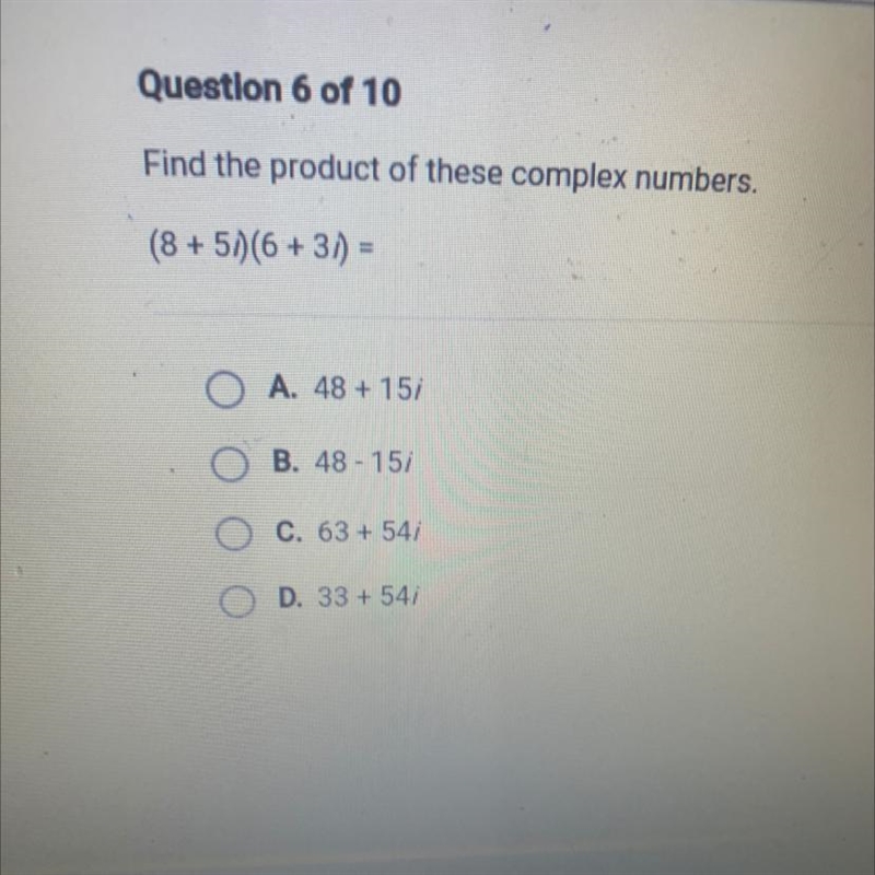 Find the product of these complex numbers. (8 + 5)(6 + 3) =-example-1