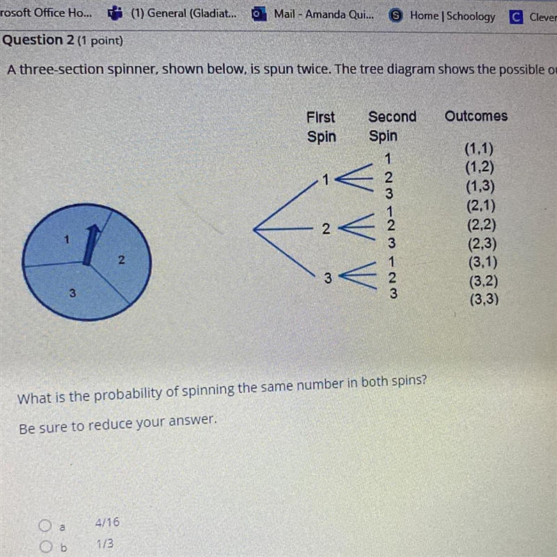 A three section spinner shown, the three diagram shows the possible outcomes for the-example-1