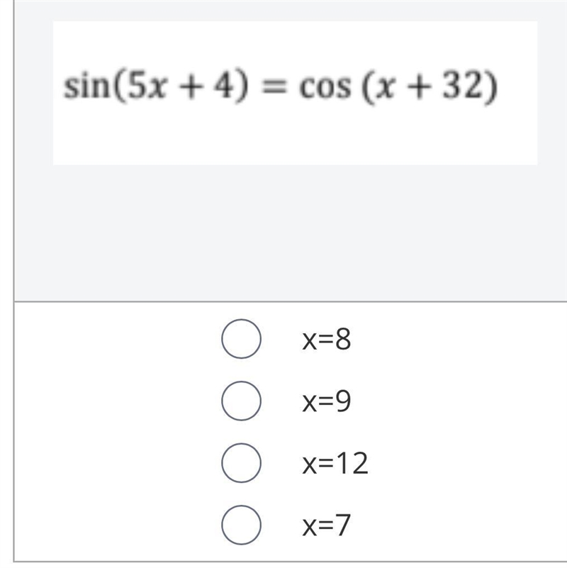 Help please. Sin(5x+4)=cos(x+32) I need to show full work to the teacher.-example-1