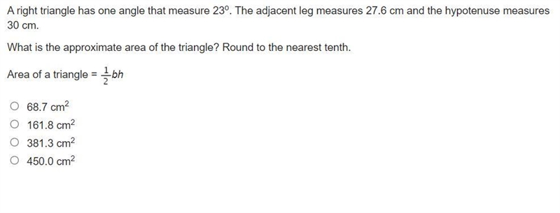 A right triangle has one angle that measure 23o. The adjacent leg measures 27.6 cm-example-1