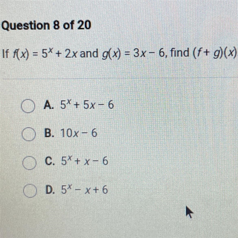 If f(x)=5^x+2x and g(x)=3x-6 find (f+g)(x)-example-1