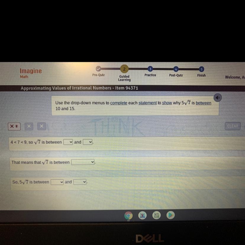 Use the drop-down menus to complete each statement to show why 5sqrt(7) is between-example-1