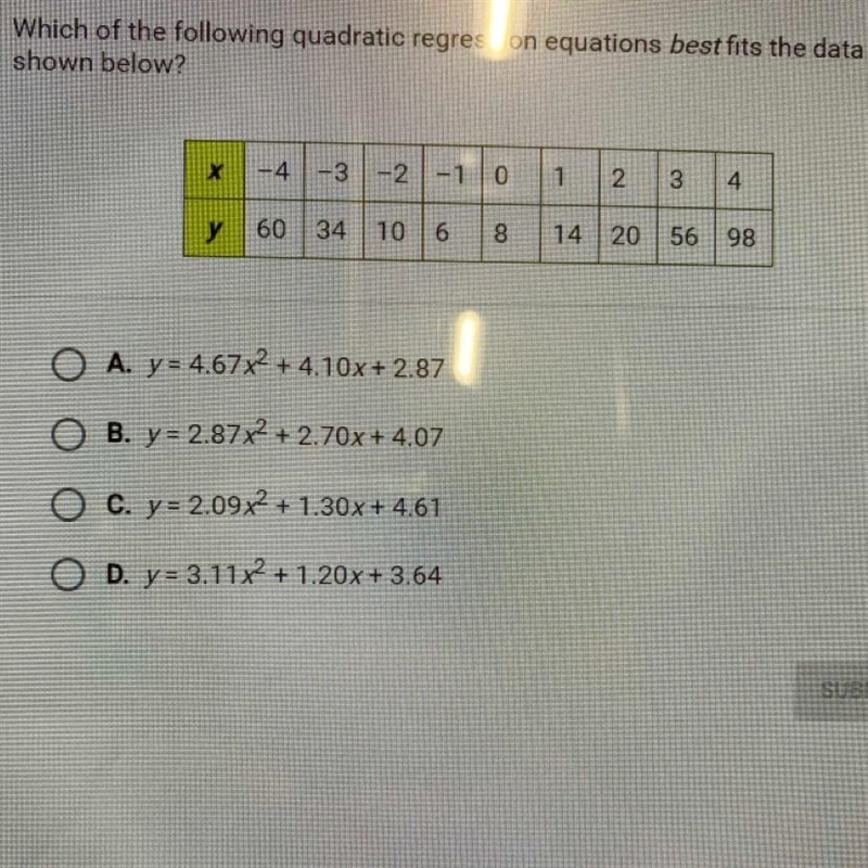 Which of the following quadratic regression equations best fits the data shown below-example-1