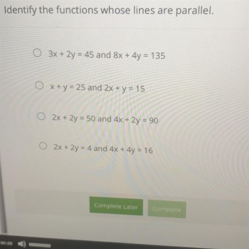 Question 8 Points 3 Identify the functions whose lines are parallel. 0 3x + 2y = 45 and-example-1