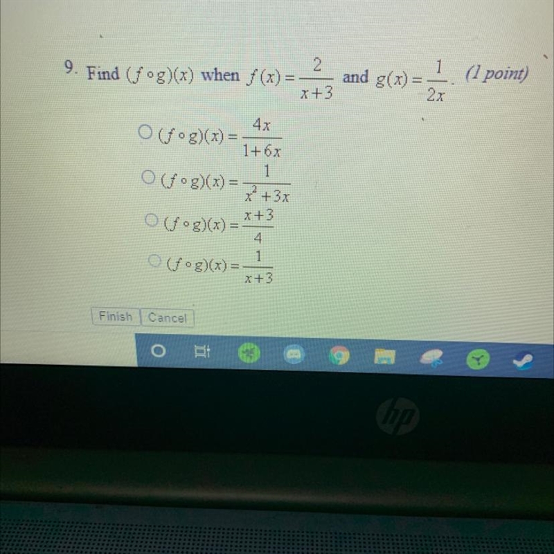 Find (fog)(x) when f (x) = =-2 and 3(A)= = (I point) 2x O Gog)(x) = 1+ 6x 1 O Gog-example-1