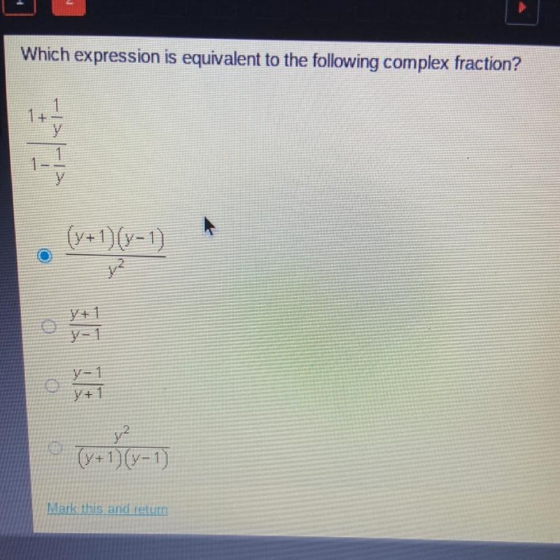 Which expression is equivalent to the following complex fraction?-example-1