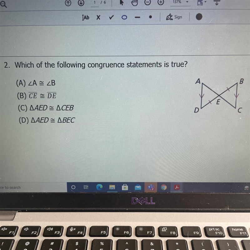 2. Which of the following congruence statements is true? (A) A = B (B) CE = DE (C-example-1