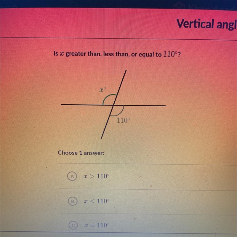 Is x greater than, less than, or equal to 110°?-example-1