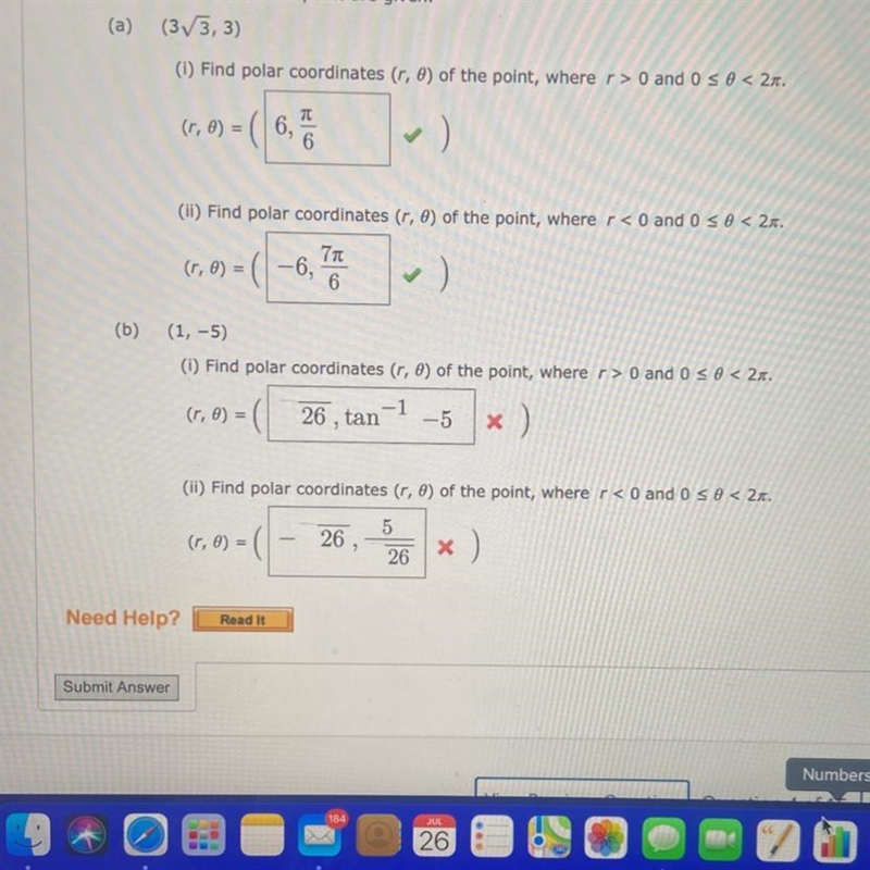 (b) The Cartesian coordinates of a point are given. (1, -5) (i) Find polar coordinates-example-1